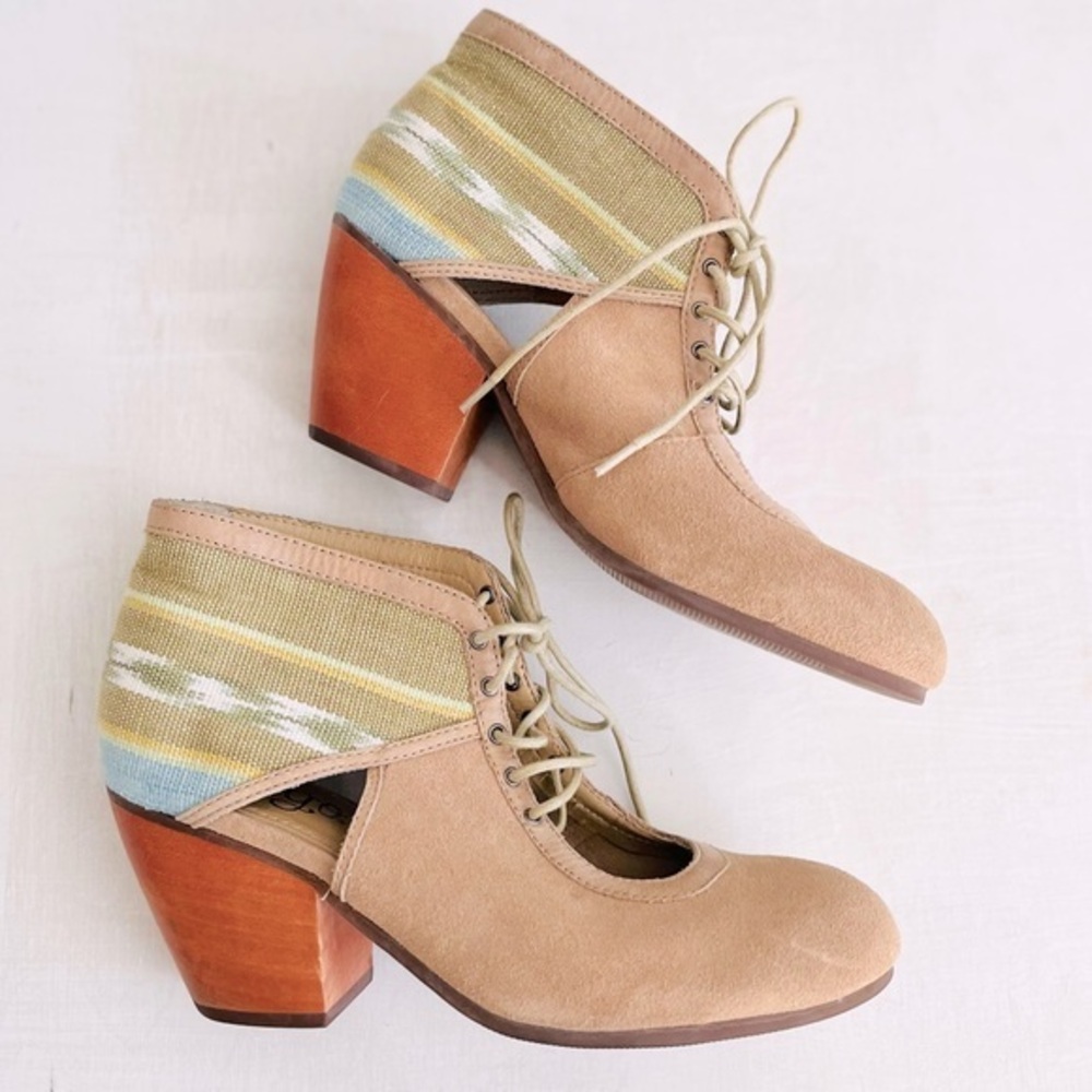 [Latigo] Anthropologie Suede Leather + Fabric Soleil Lace-Up Cut-Out Heels